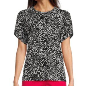 NEW Michael Kors Womens S Animal-Print Petal-Sleeve White Black Crew neck Top